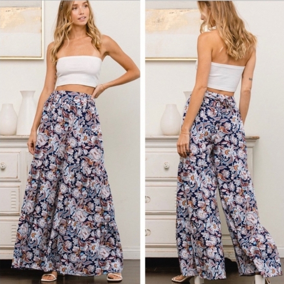 BOHO CHIC FLORAL PRINT GYPSY WIDE LEG PANTS - Picture 3 of 3